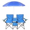 Double Folding Picnic Chairs w/Umbrella Mini Table Beverage Holder Carrying Bag for Beach Patio Pool Park Outdoor Portable Camping Chair (Blue)